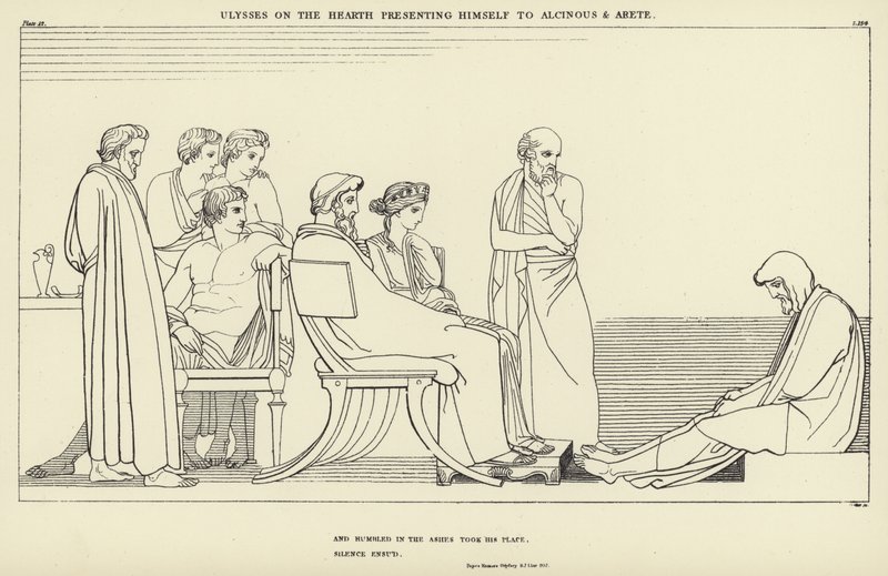 Odysseus på heden och presenterar sig för Alcinous och Arete av John Flaxman