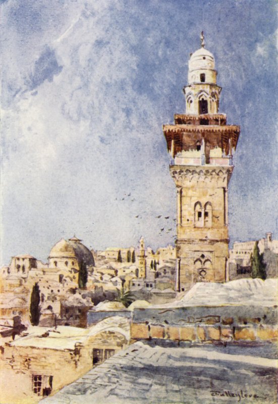 En minaret i det nordvästra hörnet av tempelområdet (färg litho) av John Fulleylove