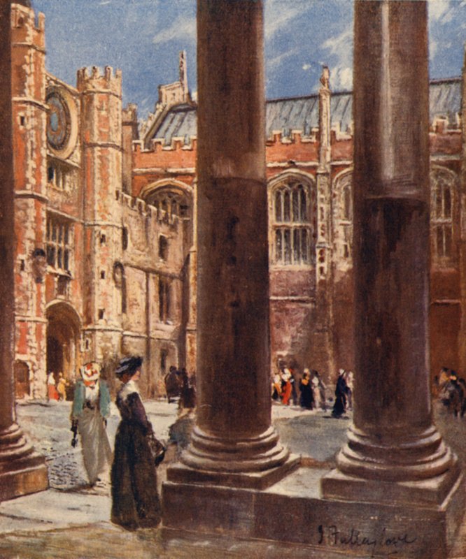 Clock Court, Hampton Court Palace (färg litho) av John Fulleylove