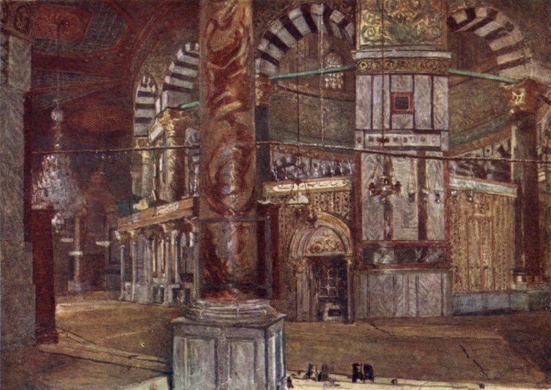 Interiör av Klippdomen (Moskén i Omar), från sydöstra (färg litho) av John Fulleylove