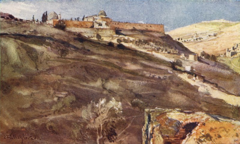 Jerusalem, södra muren av tempelområdet, från Hinnomdalen, vid solnedgången av John Fulleylove