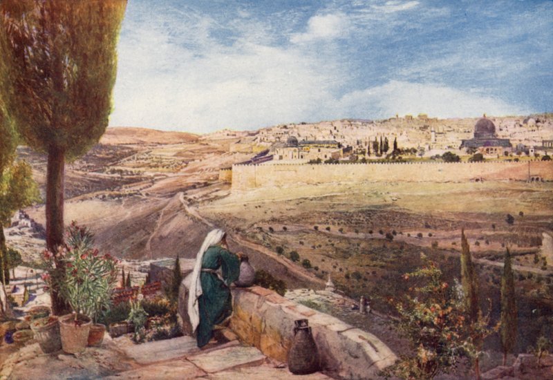 Jerusalem, från den traditionella platsen på Oljeberget där Kristus grät över staden (färg litho) av John Fulleylove