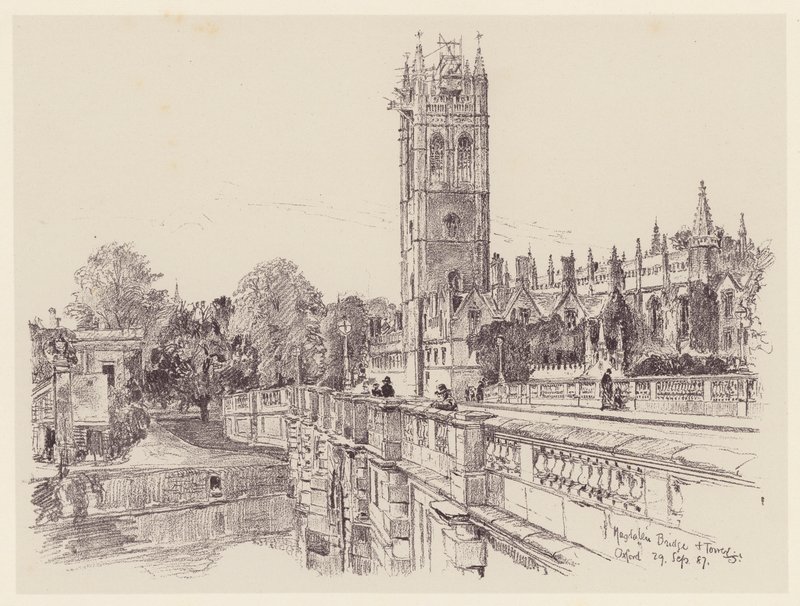 Magdalen College från bron (litografi) av John Fulleylove