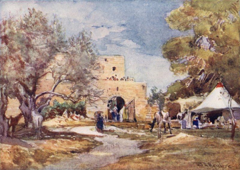 Medeltida byggnad utanför Jerusalems norra mur (färg litho) av John Fulleylove