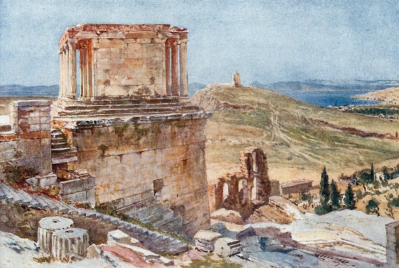 Bastionen och templet för vinglösa seger sett från uppstigningen till Propylaea av John Fulleylove