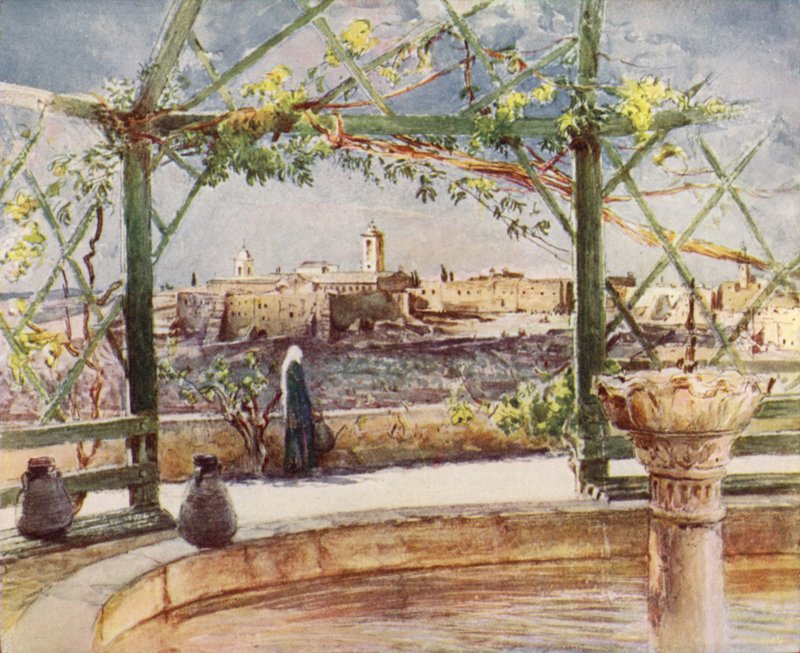 Födelsekyrkan i Betlehem, från en trädgård på den motsatta kullen (färg litho) av John Fulleylove