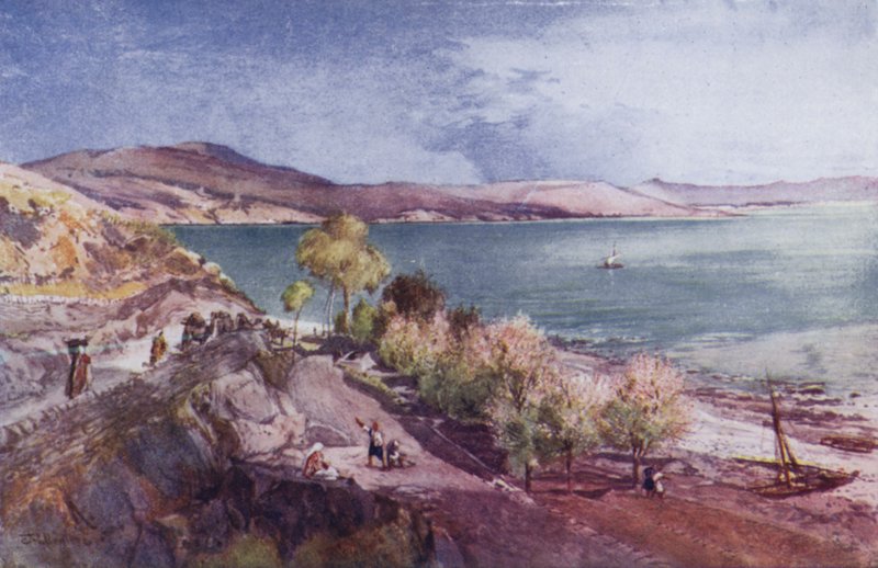 Det heliga landet: Galileiska sjön (färg litho) av John Fulleylove