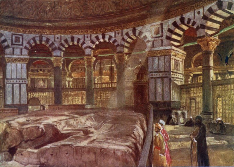 Den heliga klippan under kupolen i Omar-moskén (färg litho) av John Fulleylove