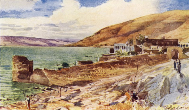 Galileiska sjön, blick söderut från Tiberias (färg litho) av John Fulleylove