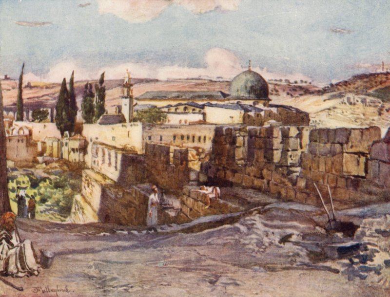 Moskén i El Aksa, inifrån Jerusalems södra mur (färg litho) av John Fulleylove