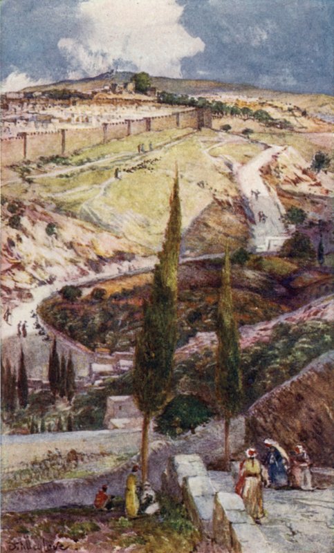 Den nordöstra änden av Jerusalem och Mizpa, från Oljeberget (färg litho) av John Fulleylove