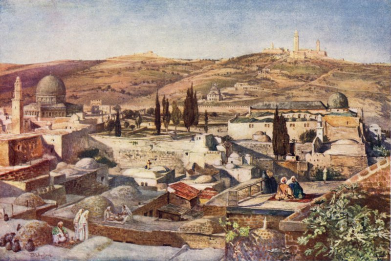 Tempelområdet och Olivberget, från berget Sion (färg litho) av John Fulleylove