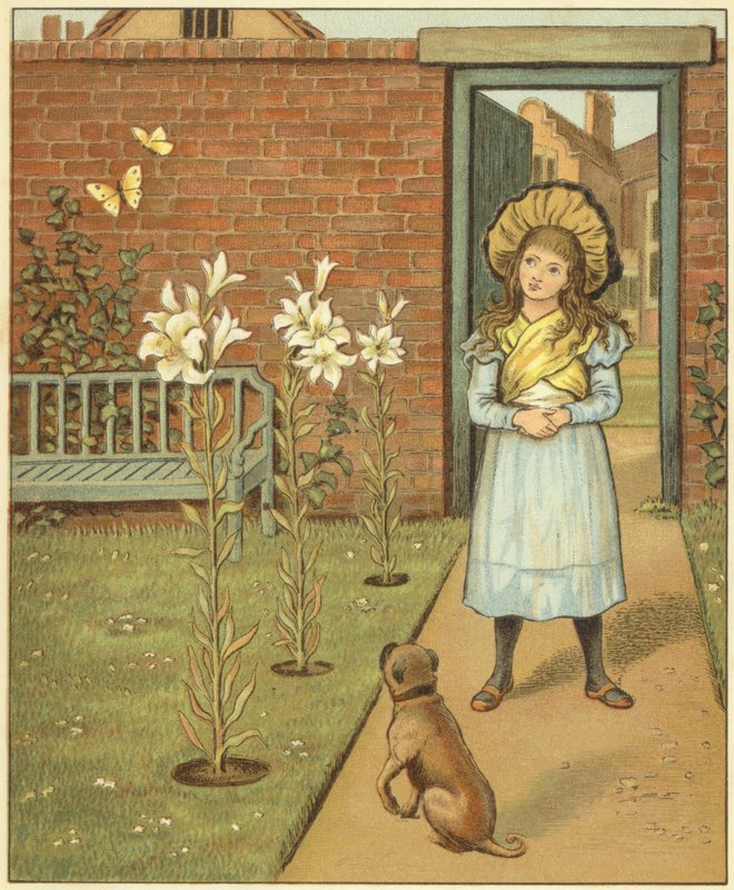 Flicka i en muromgärdad trädgård, förutom liljor och hennes hund (färg litho) av John George (after) Sowerby