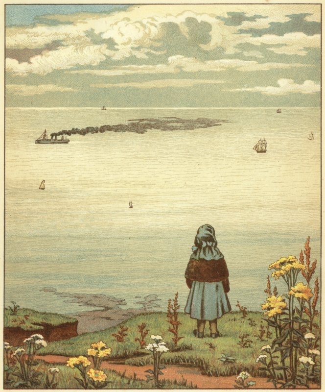 Flicka tittar ut mot havet (färg litho) av John George (after) Sowerby