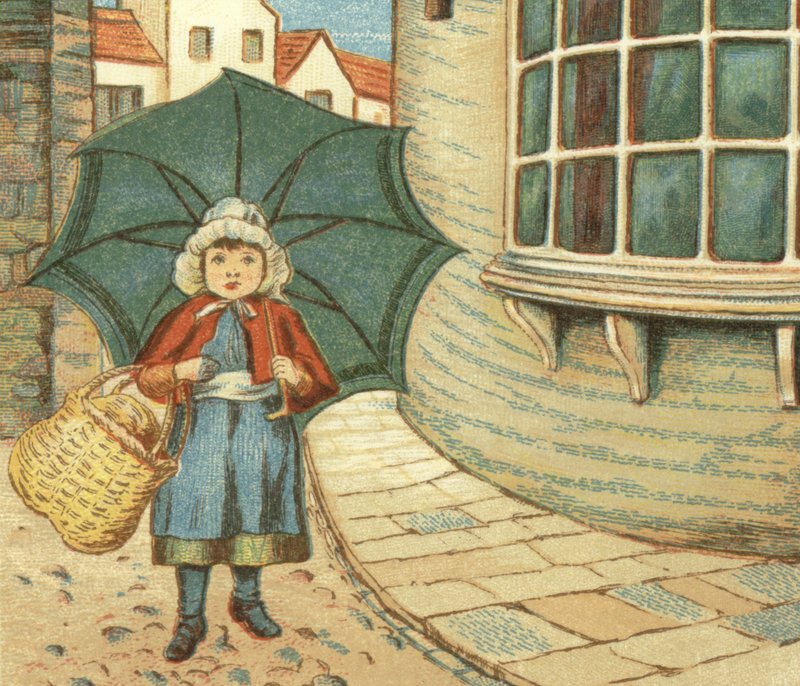 Liten flicka ute och handlar med sin korg (färg litho) av John George (after) Sowerby