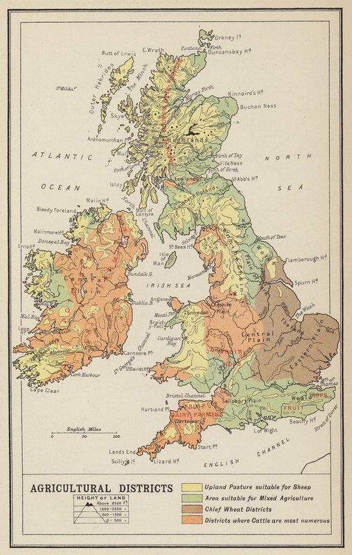 Brittiska öarna, Ekonomi, Jordbruksdistrikt (litografi) av John George Bartholomew