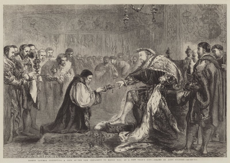 Biskop Latimer presenterar en kopia av Nya testamentet till Henrik VIII som en nyårsgåva av John Gilbert
