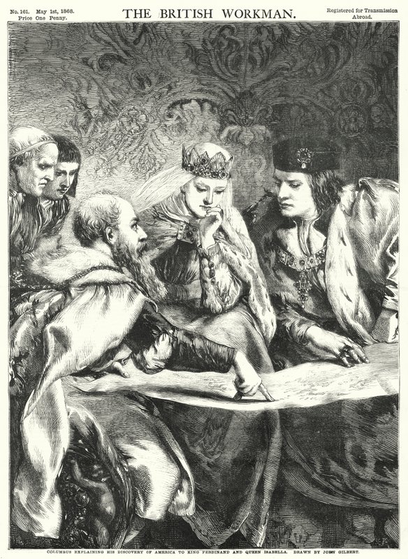 Columbus förklarar sin upptäckt av Amerika för kung Ferdinand och drottning Isabella (gravyr) av John Gilbert