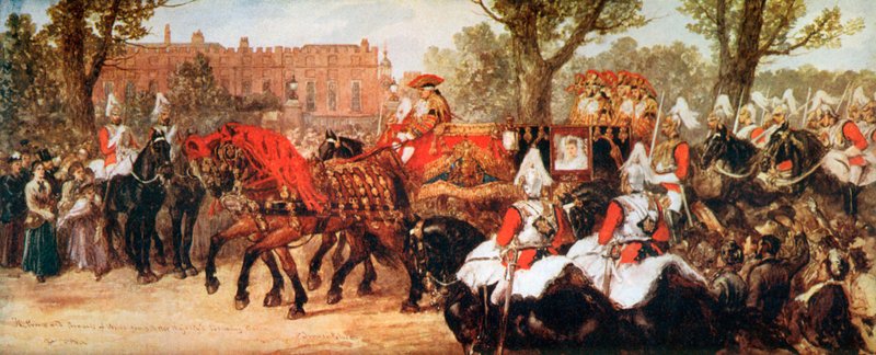 Prinsen og Prinsessen af Wales på vej til Dronningens Drawing-Roomswed av John Gilbert