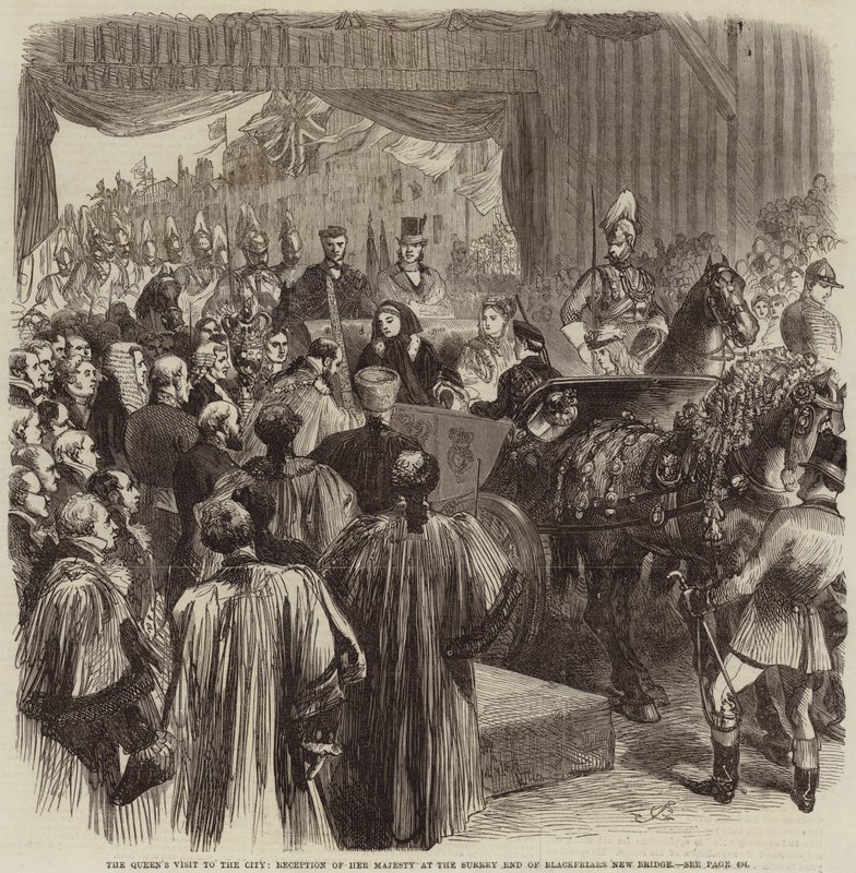 Drottningens besök i staden, mottagning av Hennes Majestät vid Surrey End of Blackfriars New Bridge av John Gilbert