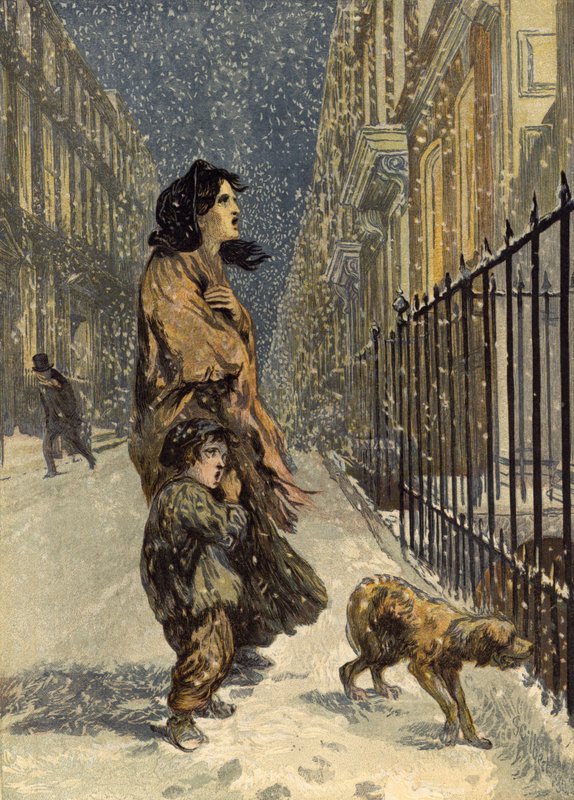 Hemlösa fattiga, mor och barn med hund i snön (kromolit) av John Gilbert