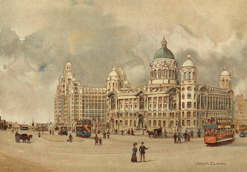 Liverpool: Offices of the Mersey Docks and Harbour Board, The Liver Building, Etc, Approach to the Landing Stage (färg litho) av John Glynn
