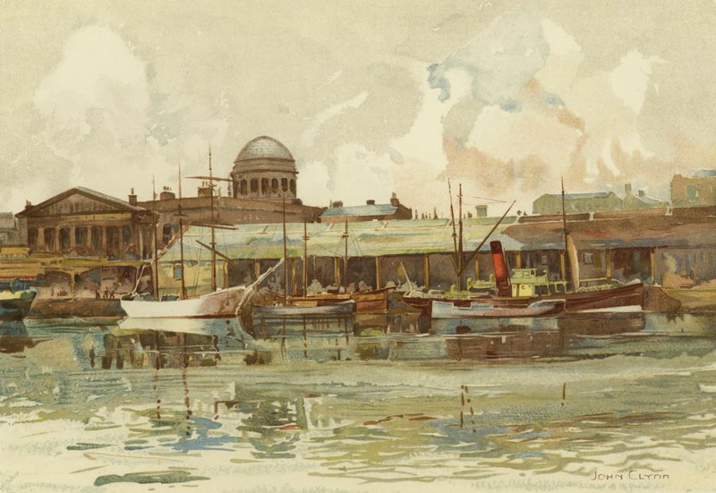 Liverpool: Del av Salthouse Dock, med Custom House (färg litho) av John Glynn