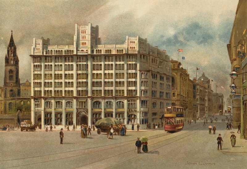 Liverpool: Tower Building och Water Street (färg litho) av John Glynn