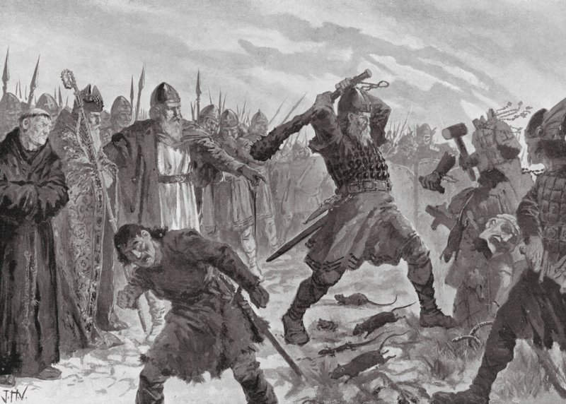 Kung Olav den helige bryter bilden av guden Mor av John Harris Valda