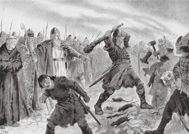 Kung Olav den helige bryter bilden av guden Mor av John Harris Valda