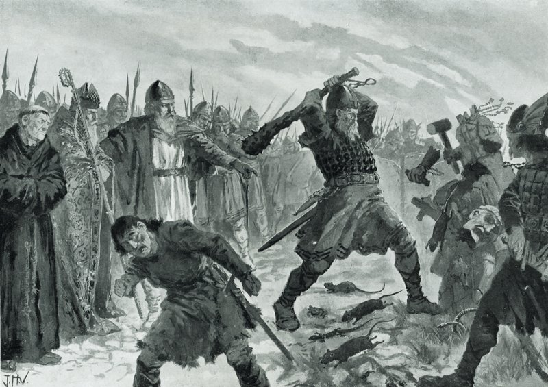 Kung Olav den helige bryter bilden av Guden Mor av John Harris Valda