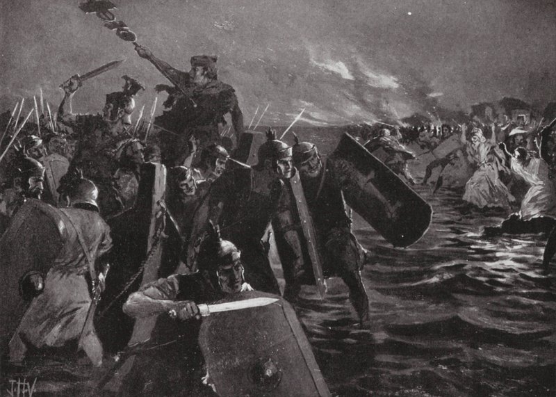 Den romerska attacken mot Anglesea (litografi) av John Harris Valda