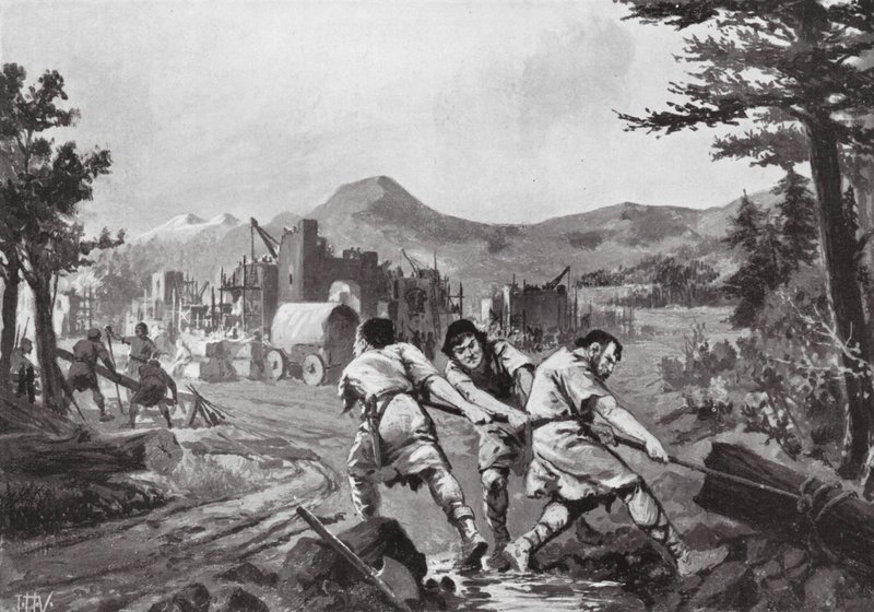 Vallachiska bergsmän som grundade en stad, 800-talet (litografi) av John Harris Valda