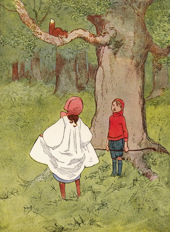 "En kär liten ekorre, med en lockig svans" (färg litho) av John Hassall