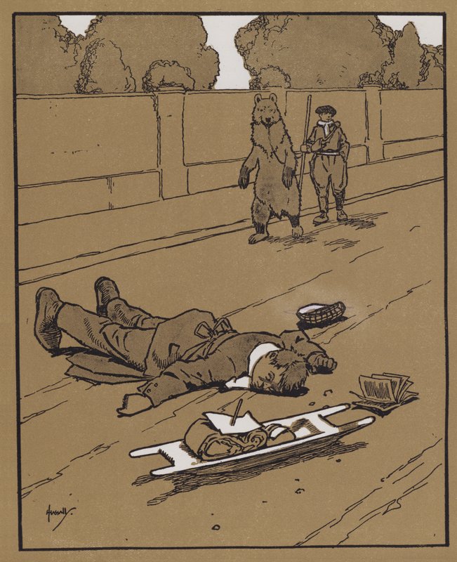 "För dagtid finns det inget som det goda gammaldags skyddet att skämma döda" (färg litho) av John Hassall