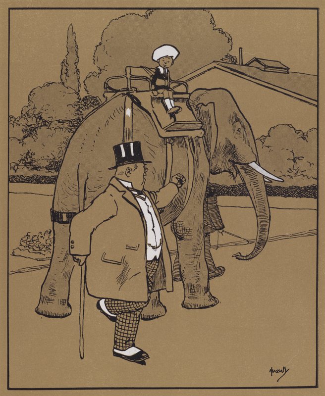 "Han kallade elefanten för ett dumt odjur, eller något" (färg litho) av John Hassall