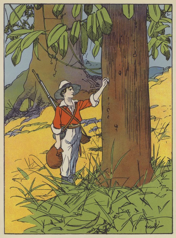 Illustration för den schweiziska familjen Robinson (färg litho) av John Hassall