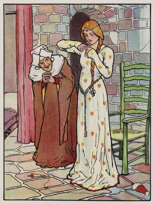 Rosanne sticker sin hand med spindeln (färg litho) av John Hassall