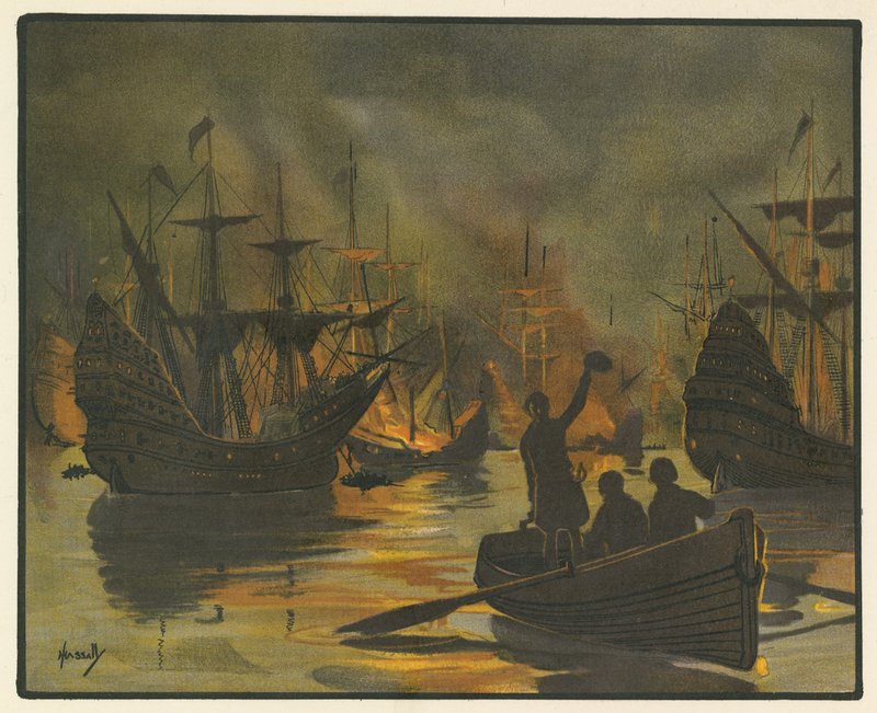 Den oövervinnliga Armada attackerad av eldskepp (färg litho) av John Hassall