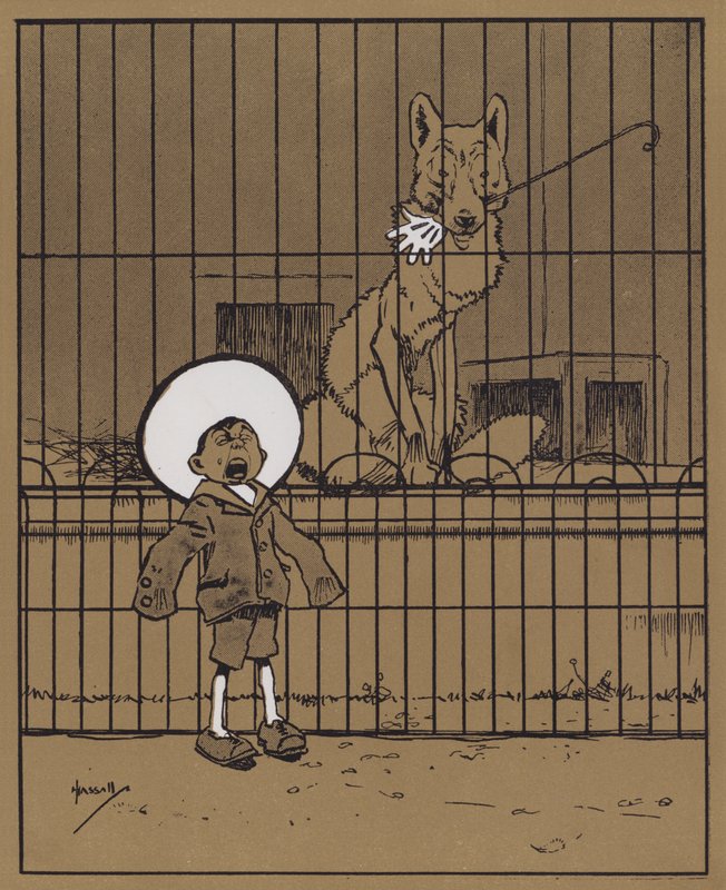 "Besökare som sticker sina händer genom rälsen rekommenderas att se till att de får tillbaka dem" (färg litho) av John Hassall