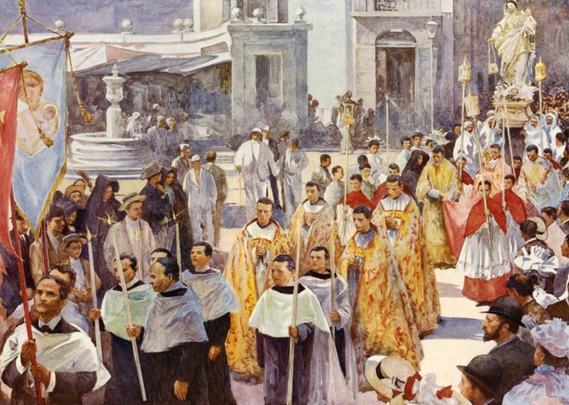 En romersk-katolsk procession (färg litho) av John Henry Frederick (after) Bacon