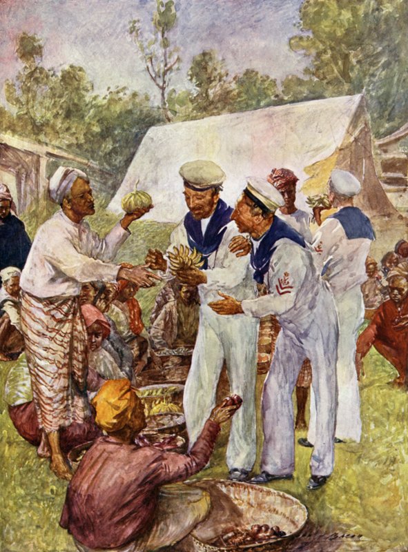 Brittisk jack tars på en burmesisk marknad (färg litho) av John Henry Frederick (after) Bacon