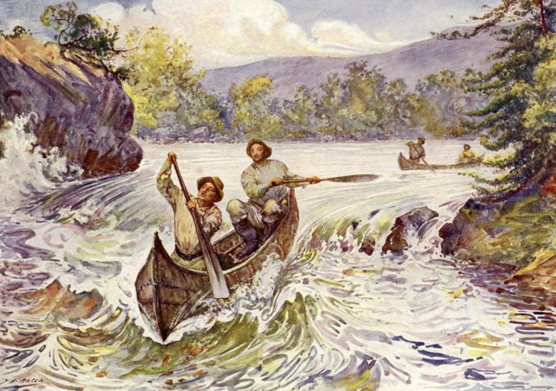 Kanadensare skjuter forsar i kanoter (färg litho) av John Henry Frederick (after) Bacon