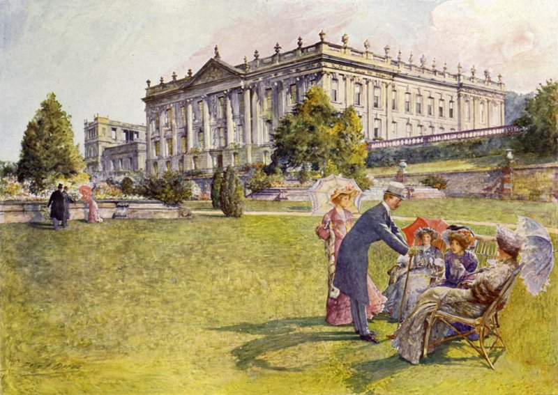Chatsworth House (färg litho) av John Henry Frederick (after) Bacon