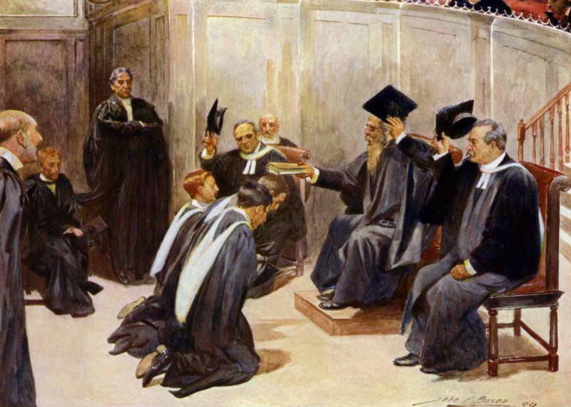 Tilldela examen i Sheldonian Theatre, Oxford (färg litho) av John Henry Frederick (after) Bacon
