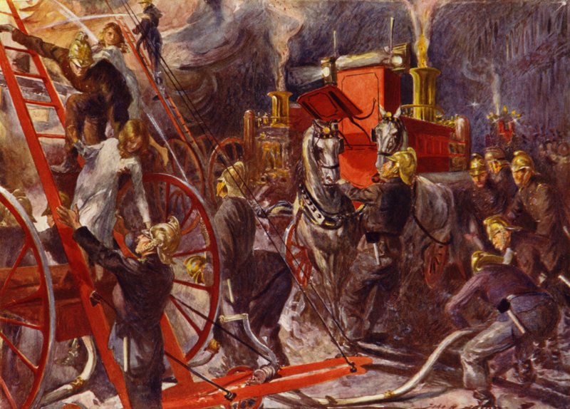 Brandkår på jobbet (färg litho) av John Henry Frederick (after) Bacon