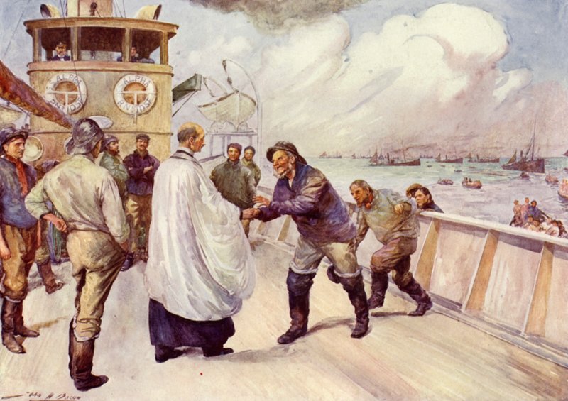 Fiskare från Nordsjöns fiskeflotta samlas för tillbedjan (färg litho) av John Henry Frederick (after) Bacon