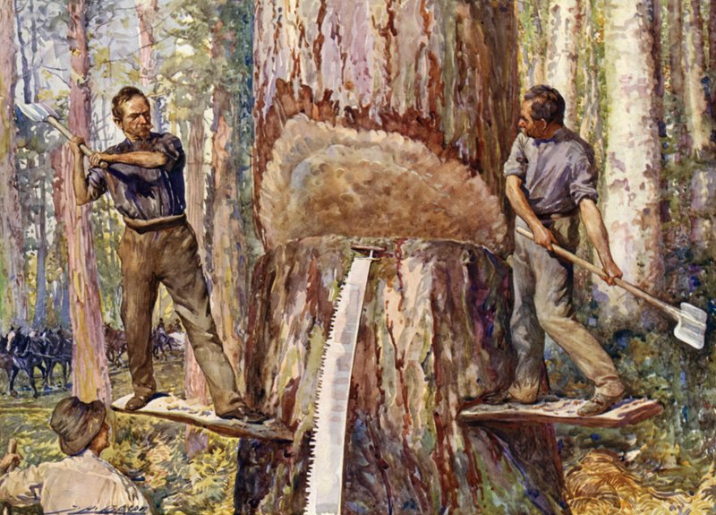 Lumbermen hugger timmer (färg litho) av John Henry Frederick (after) Bacon
