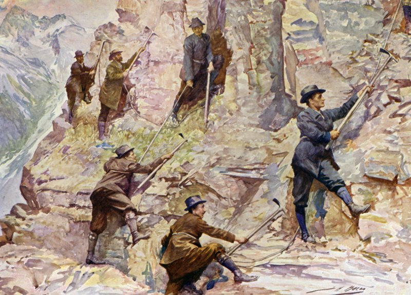 Bergsbestigning i British Columbia (färg litho) av John Henry Frederick (after) Bacon