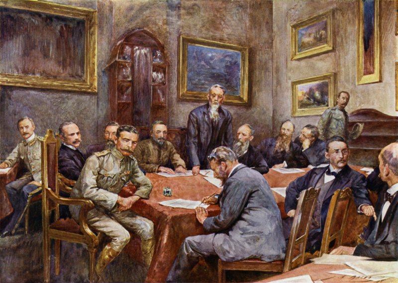Undertecknar fredsfördraget i Pretoria (färg litho) av John Henry Frederick (after) Bacon